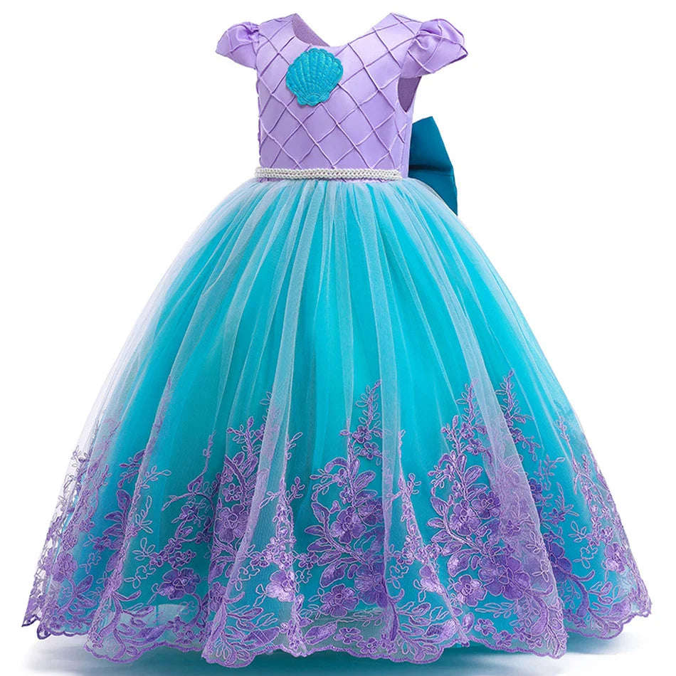 Vestido Infantil Princesa Ariel Bordado de Flores